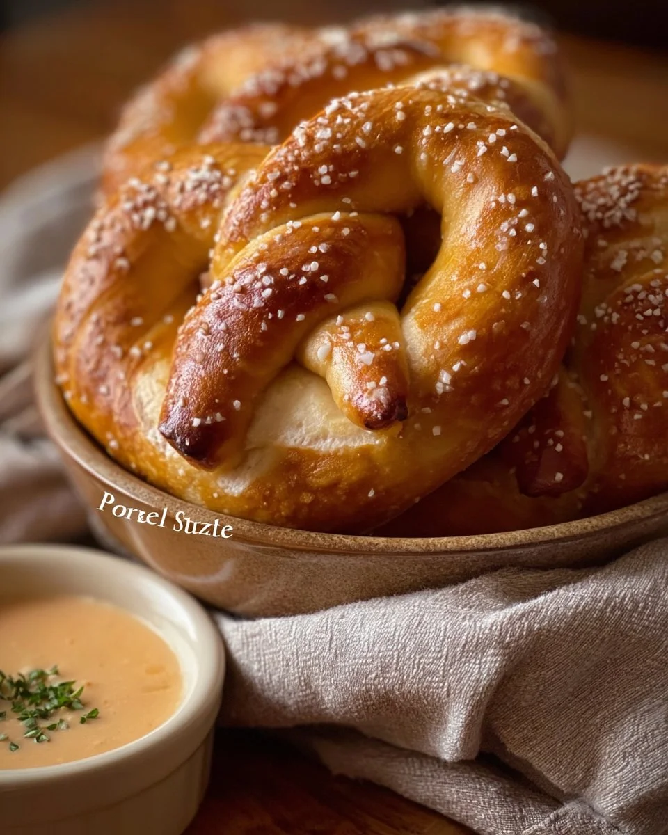 Freshly baked homemade soft pretzels with salt and dipping sauce