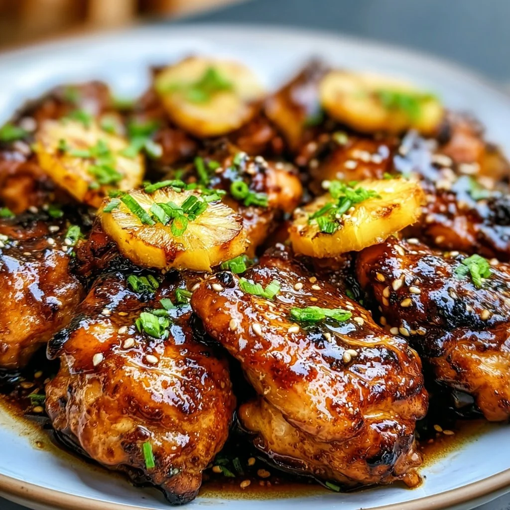 Grilled Huli Huli Chicken marinated in a sweet and savory sauce, served on a platter.