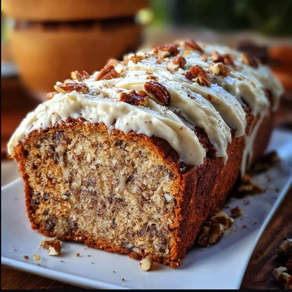 Delicious Hummingbird Bread with Cream Cheese Frosting on a rustic plate