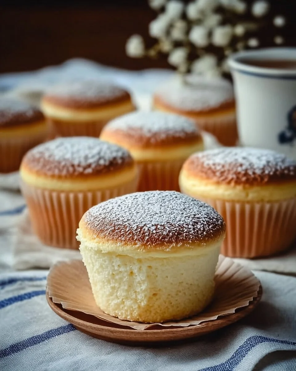 Fluffy Japanese Cotton Cheesecake Cupcakes topped with berries and whipped cream