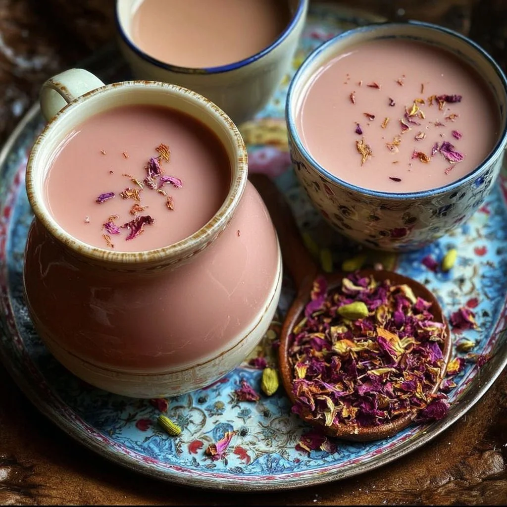 A warm cup of Kashmiri Pink Tea served with traditional garnishes