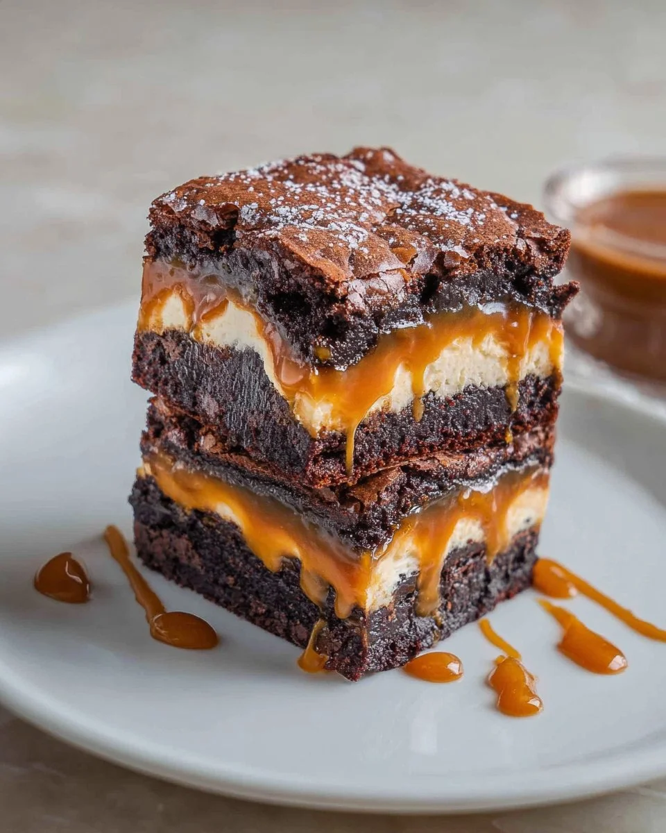 Layered caramel brownie dessert with rich chocolate and creamy caramel layers