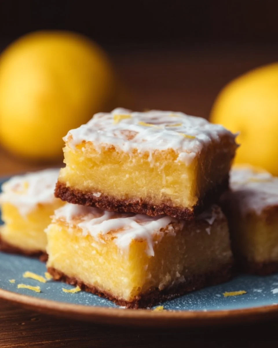 Delicious lemon brownies with a tangy lemon glaze on a plate
