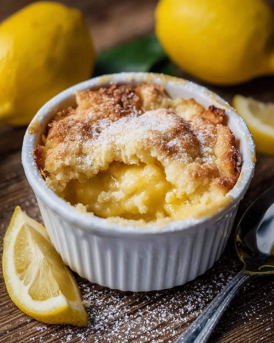 Delicious homemade lemon cobbler dessert garnished with lemon slices