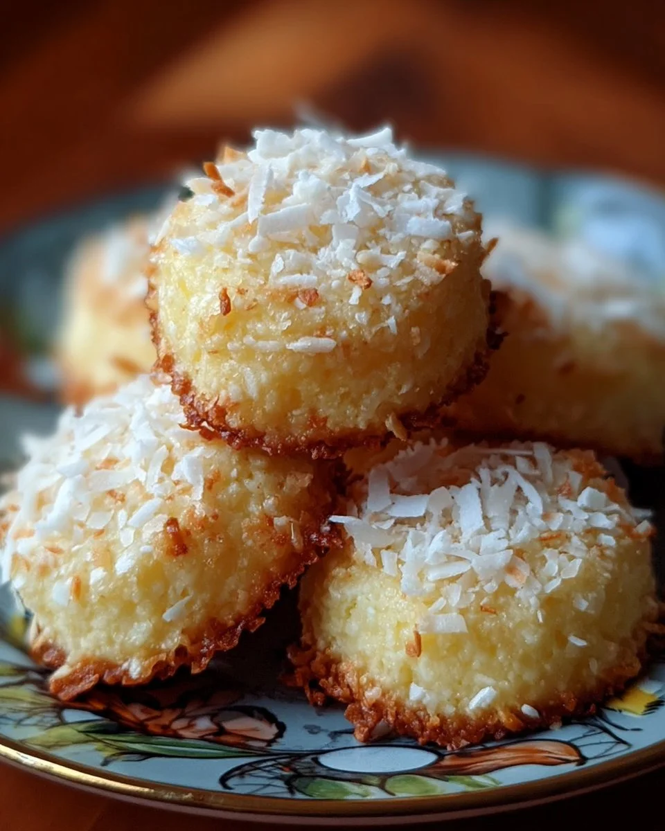 Delicious Lemon Coconut Cheesecake Cookies on a white plate with coconut flakes.