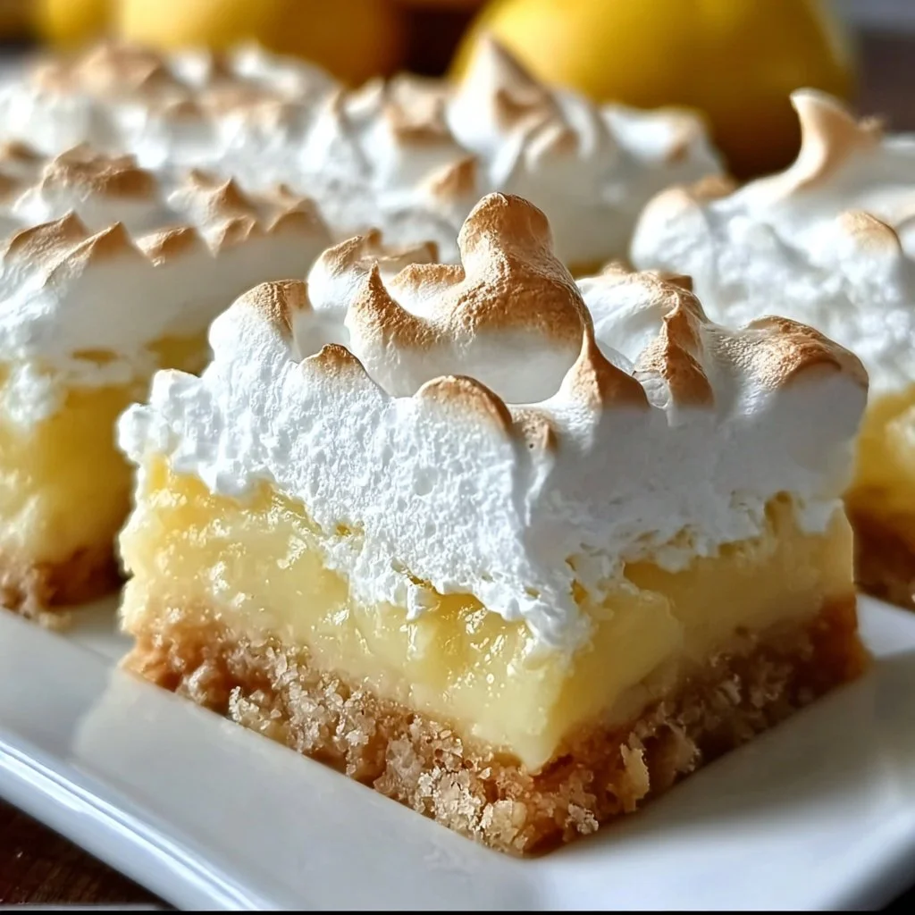 Delicious Lemon Meringue Pie Bars topped with fluffy meringue and lemon zest