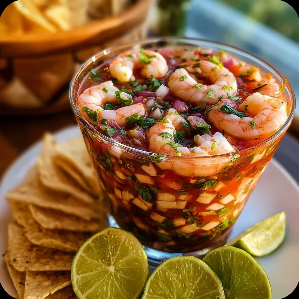 Bowl of colorful Mexican shrimp cocktail garnished with lime and cilantro