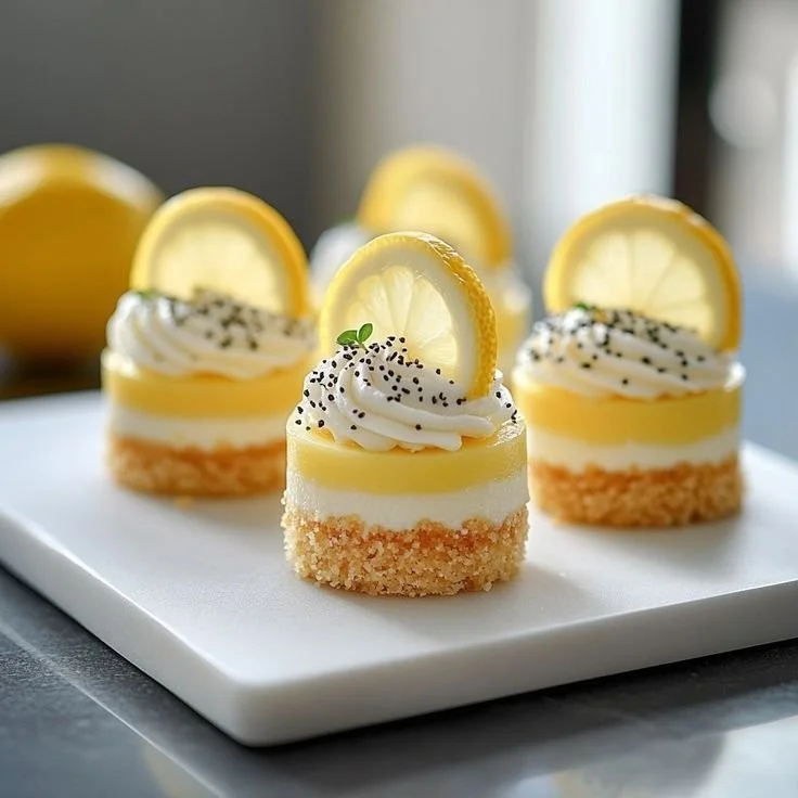 Mini lemon cheesecakes with fresh lemon garnish on a plate