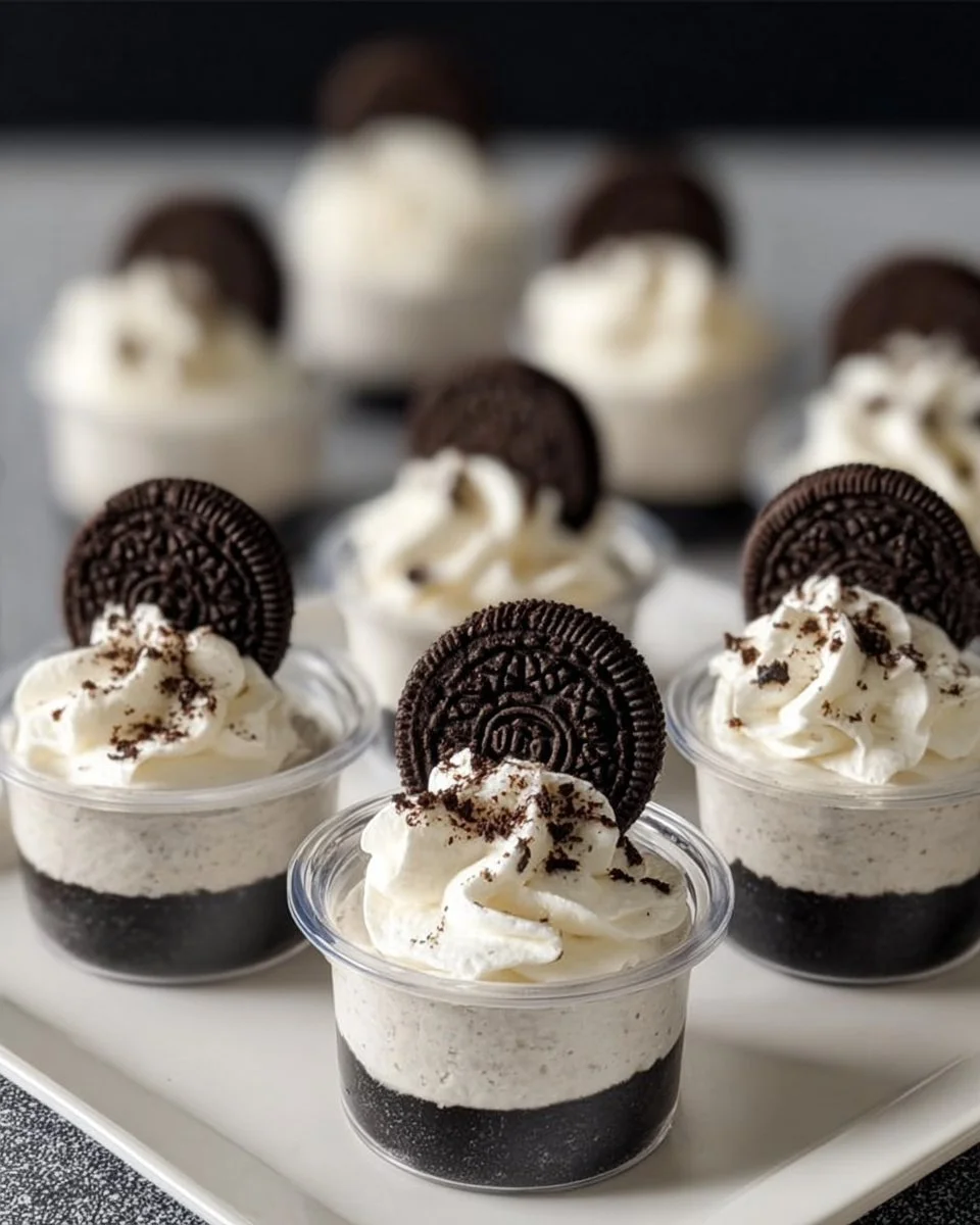 Mini Oreo Dessert Cups topped with whipped cream cheese filling