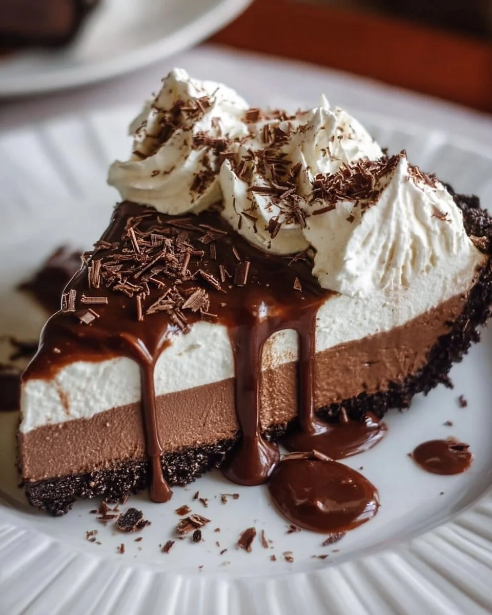 Deliciously rich Mississippi Mud Pie topped with whipped cream and chocolate layers.