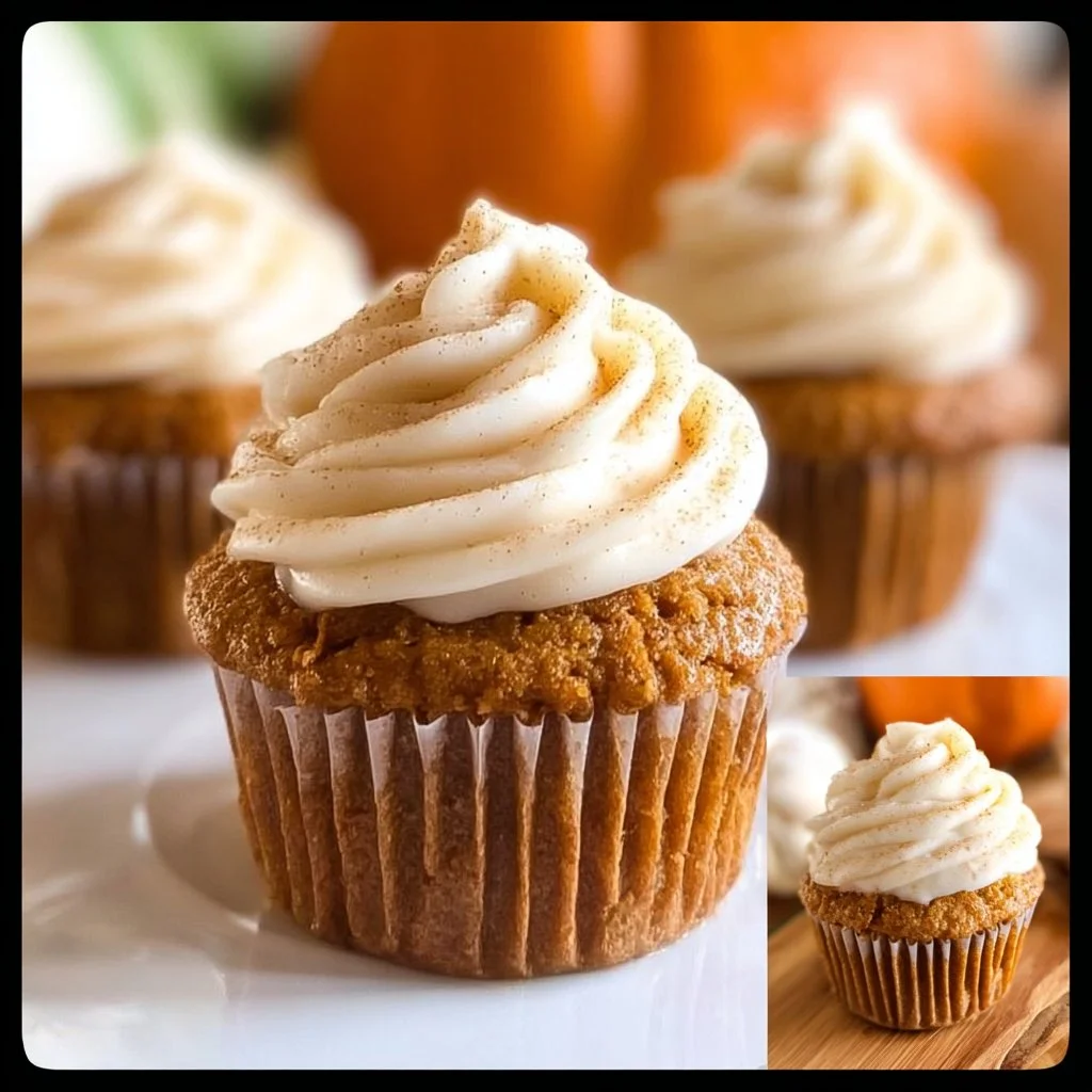 Moist pumpkin cupcakes topped with cream cheese frosting