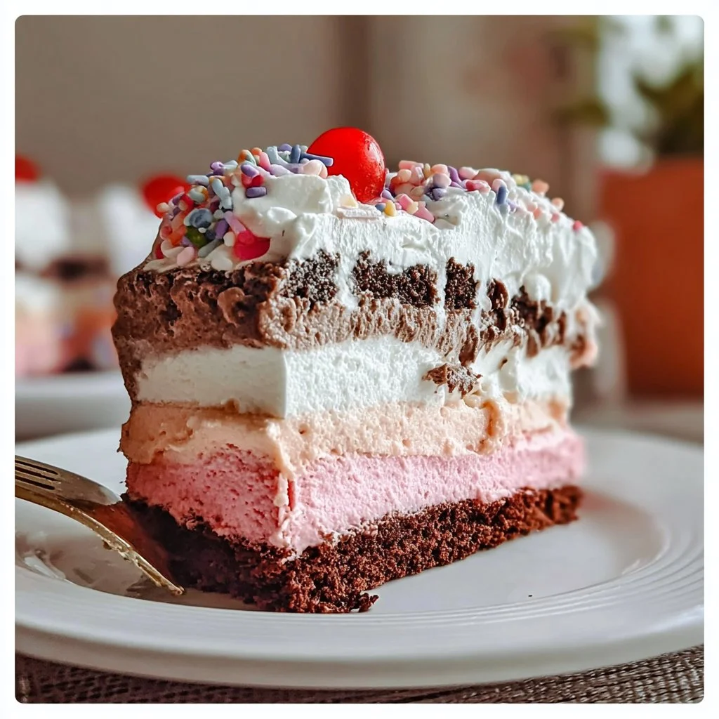 Delicious Neapolitan Ice Cream Cake with chocolate, vanilla, and strawberry layers