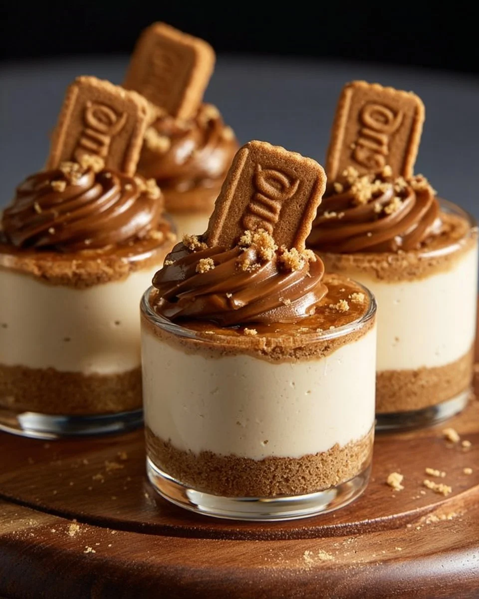 No-bake Biscoff cheesecake cups topped with cookie crumbs