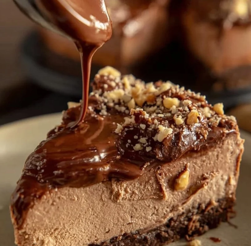 Delicious no bake Nutella cheesecake topped with chocolate curls and hazelnuts