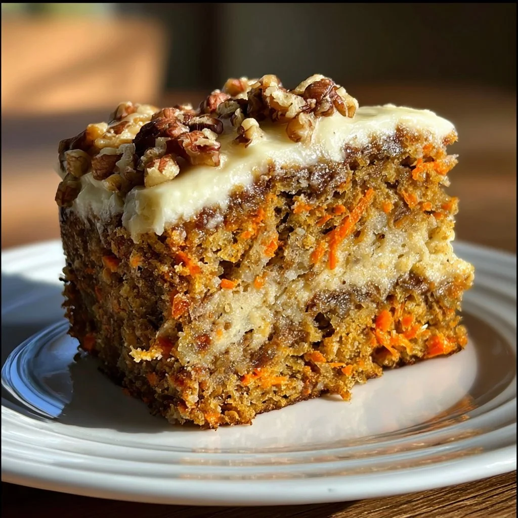 Delicious Oat Apple Carrot Cake topped with cream cheese frosting