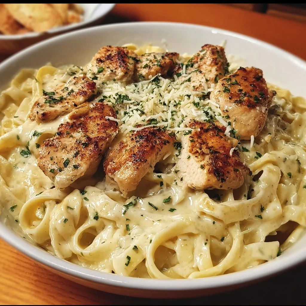 Creamy Olive Garden Chicken Alfredo served with fettuccine pasta and garnished with parsley.
