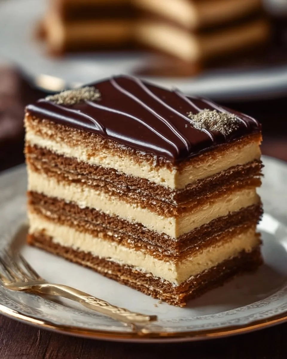Delicious Opera Cake layered with chocolate, coffee, and almond flavors.