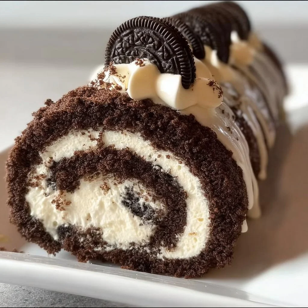 Oreo Cream Chocolate Roll dessert with rich chocolate and Oreo cream layers
