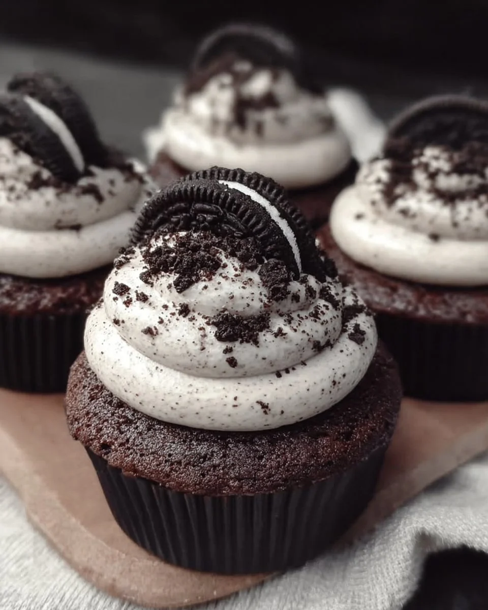 Delicious Oreo Cupcakes topped with cream frosting and Oreo cookie crumbs.