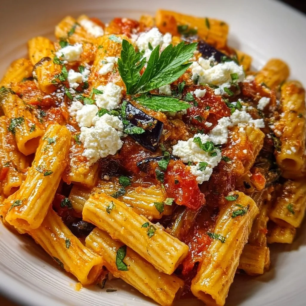Plate of traditional Pasta alla Norma garnished with basil and cheese