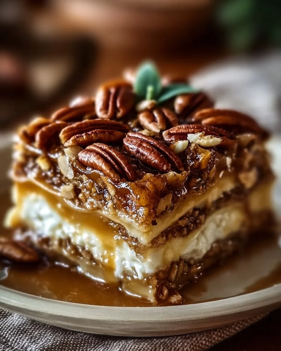 Delicious Pecan Pie Lasagna layered with rich pecan flavors