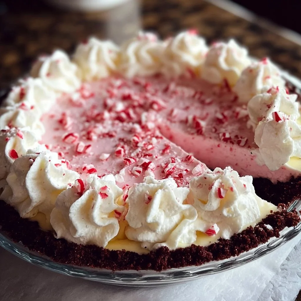 Delicious peppermint cream cheese pie topped with whipped cream and festive sprinkles.