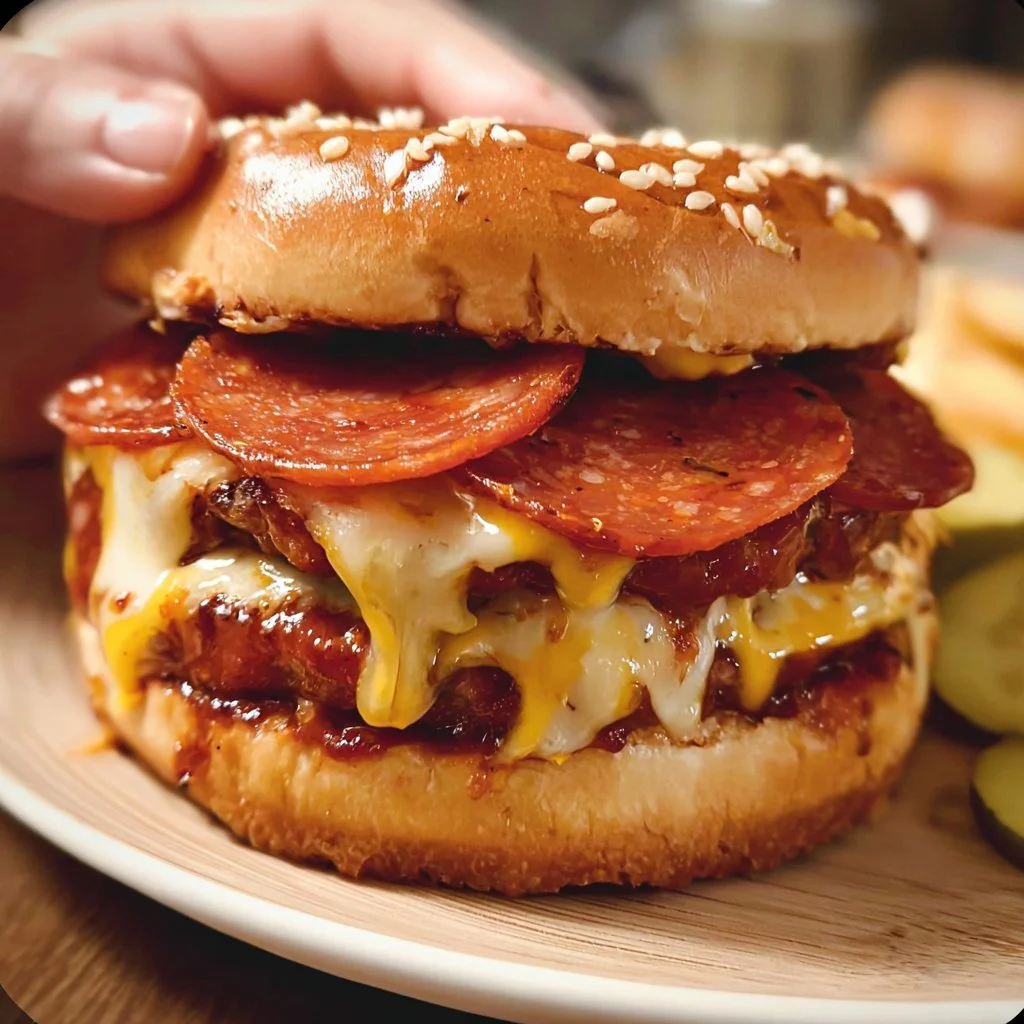 Delicious Pepperoni Pizza Burger with cheese and toppings served on a toasted bun.