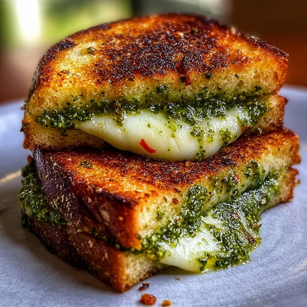 Delicious pesto grilled cheese sandwich with melted cheese and fresh herbs