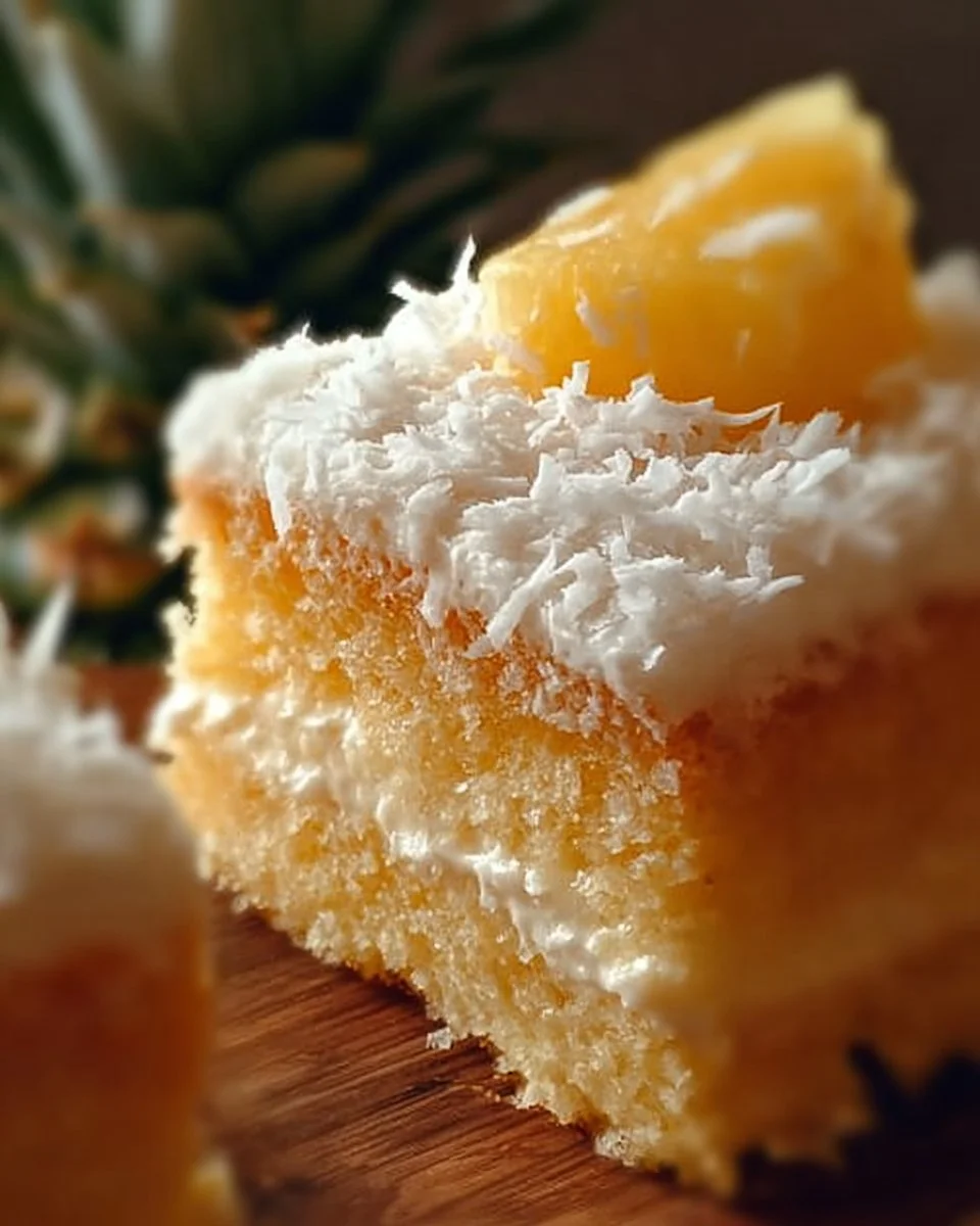 Delicious Pineapple Coconut Dream Cake topped with fresh coconut and pineapple slices.