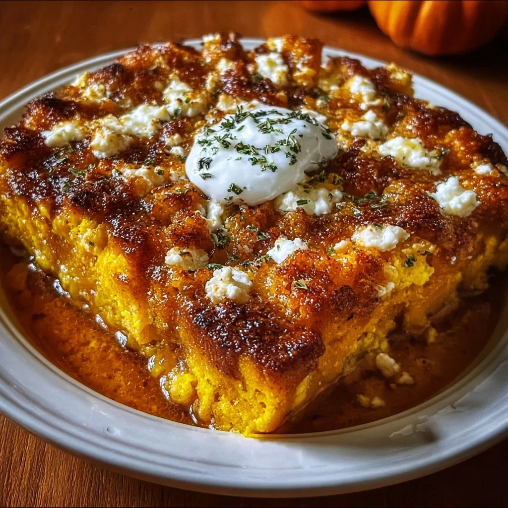 Pumpkin Cottage Cheese Bake served in a dish with a sprinkle of cinnamon on top.