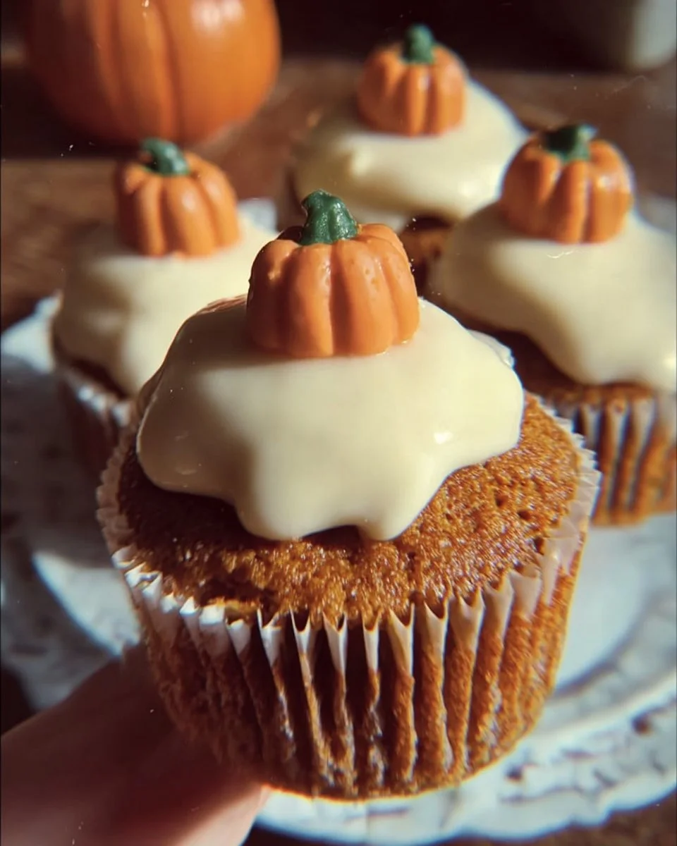Delicious pumpkin cupcakes with cream cheese frosting on a wooden table