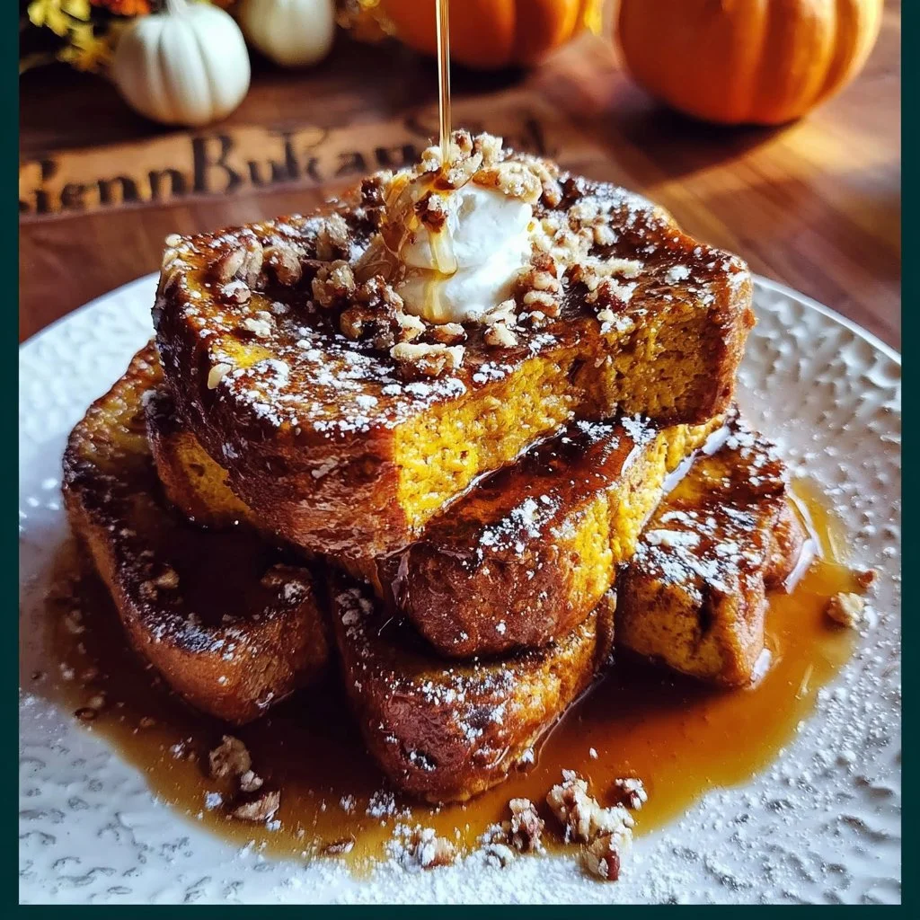 Delicious Pumpkin Pie French Toast served on a plate with maple syrup and whipped cream.