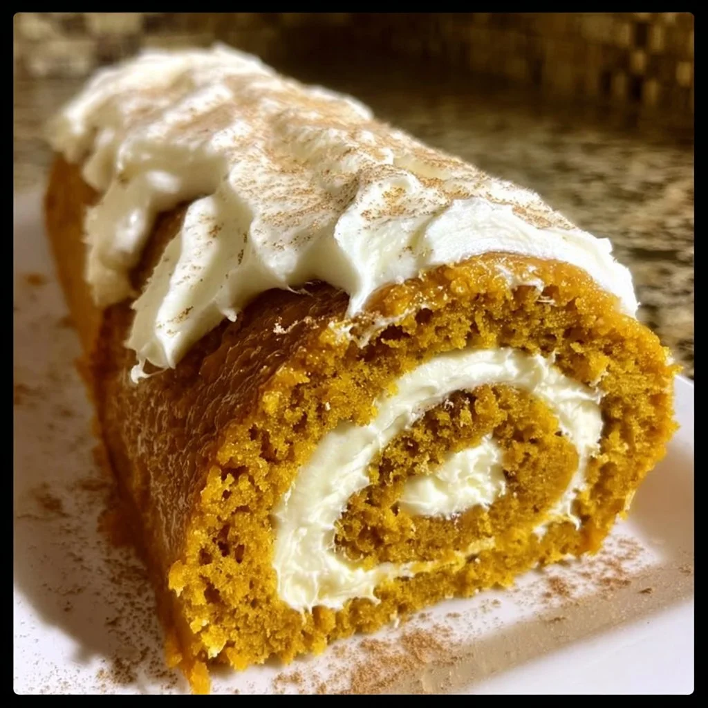 Delicious pumpkin roll with cream cheese frosting, perfect for fall desserts