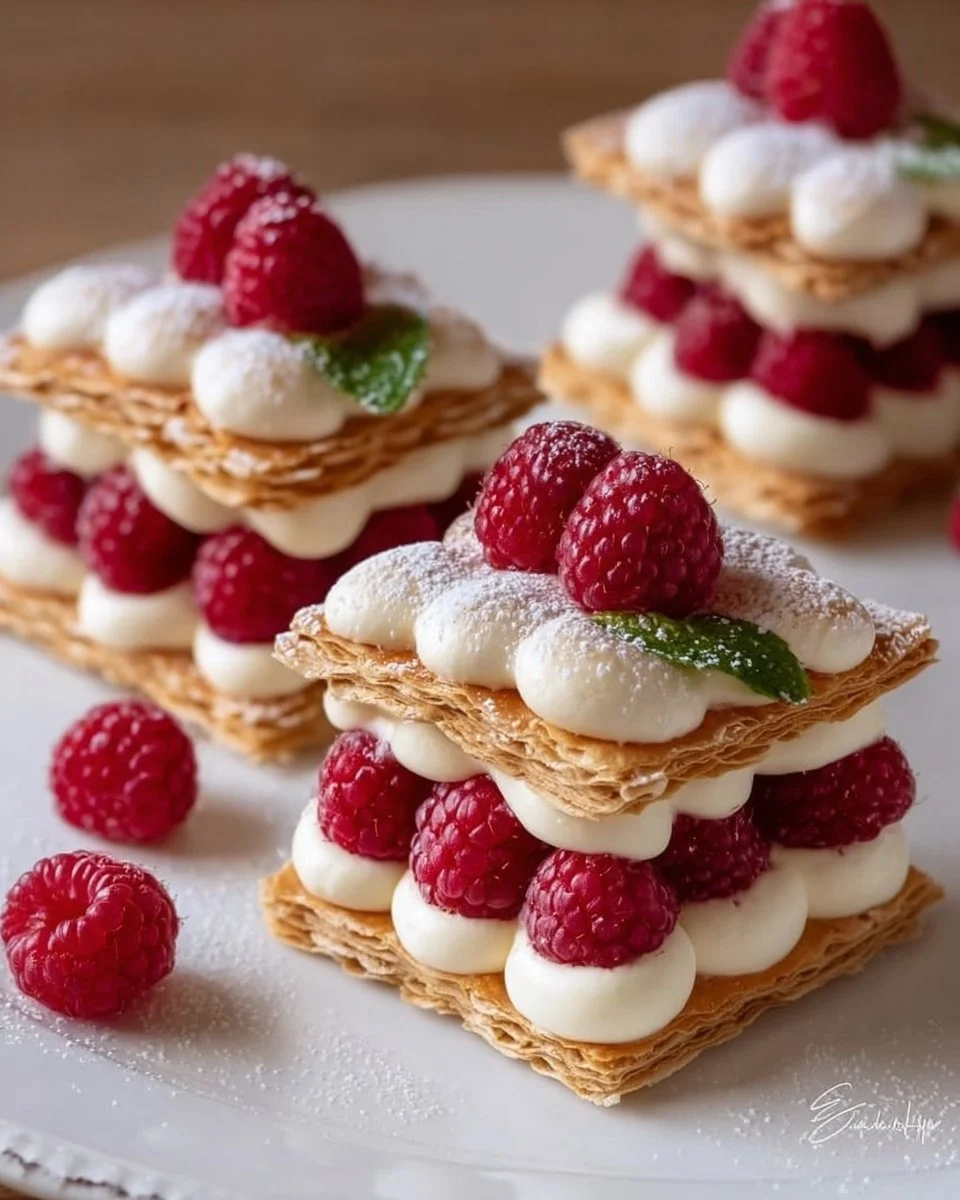 Delectable Raspberry Cream Napoleons with layers of cream and fresh raspberries