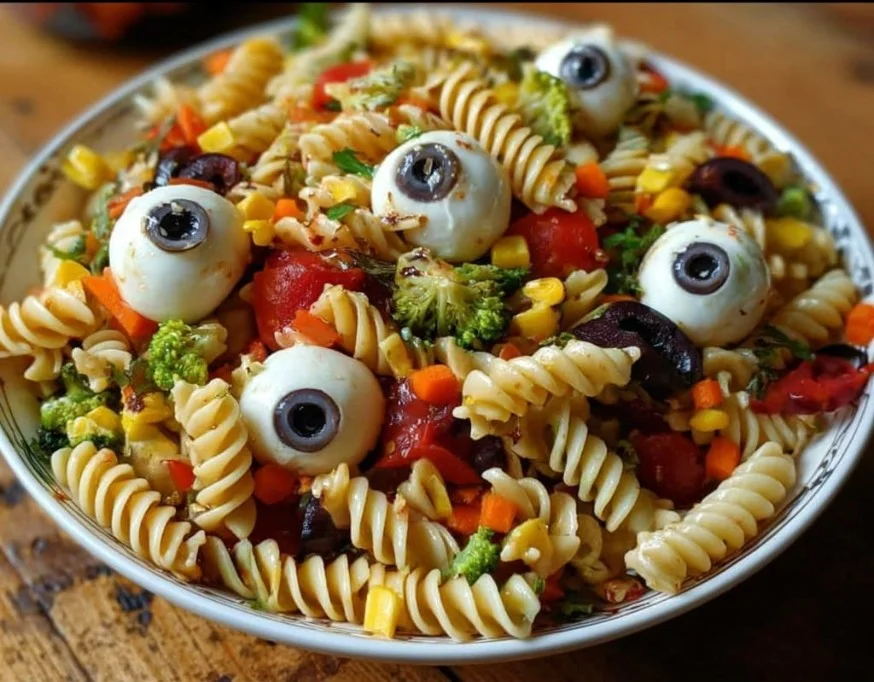 Eyeball Pasta Salad with mozzarella eyeballs, perfect for Halloween.