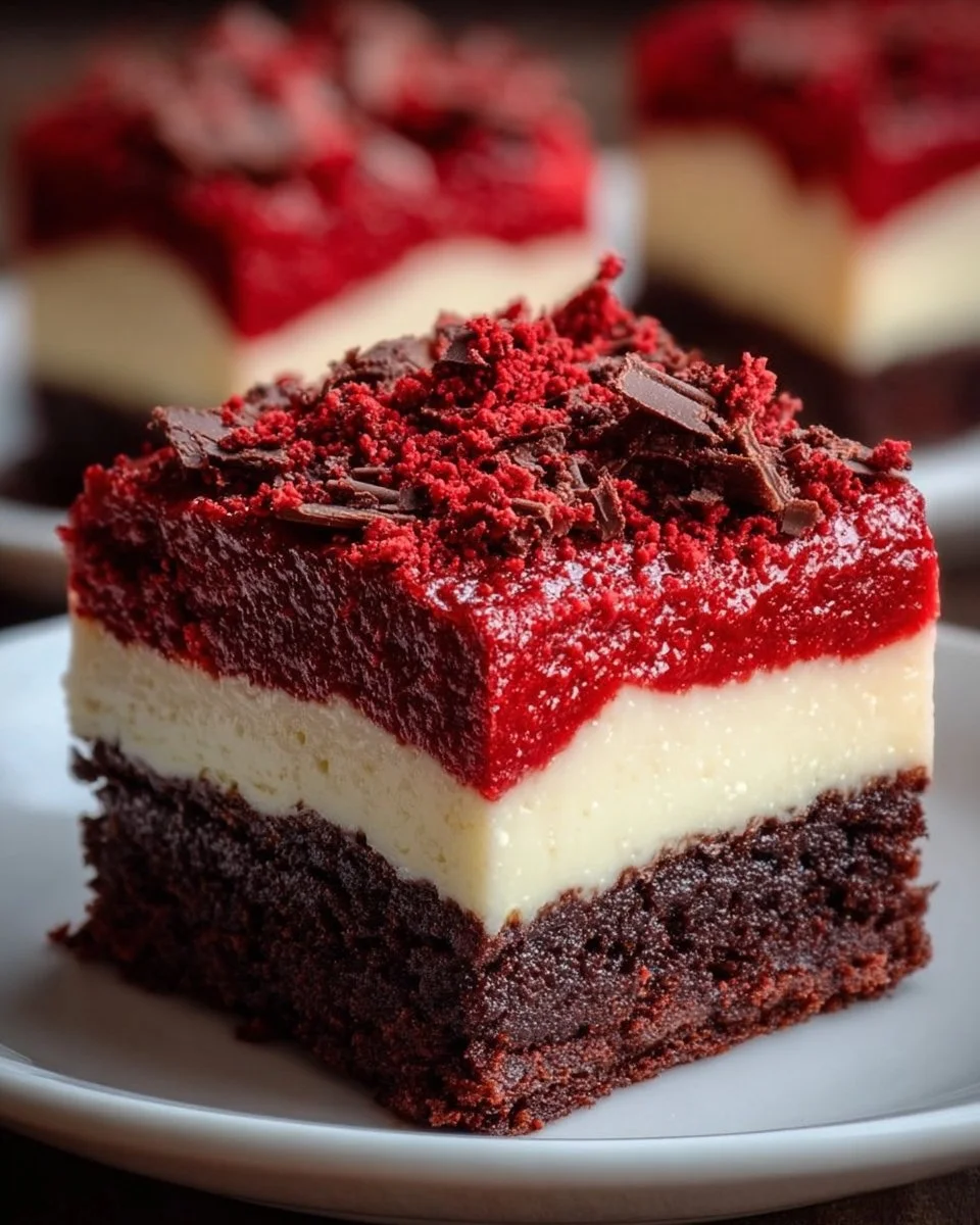 Delicious red velvet cheesecake brownies topped with creamy frosting