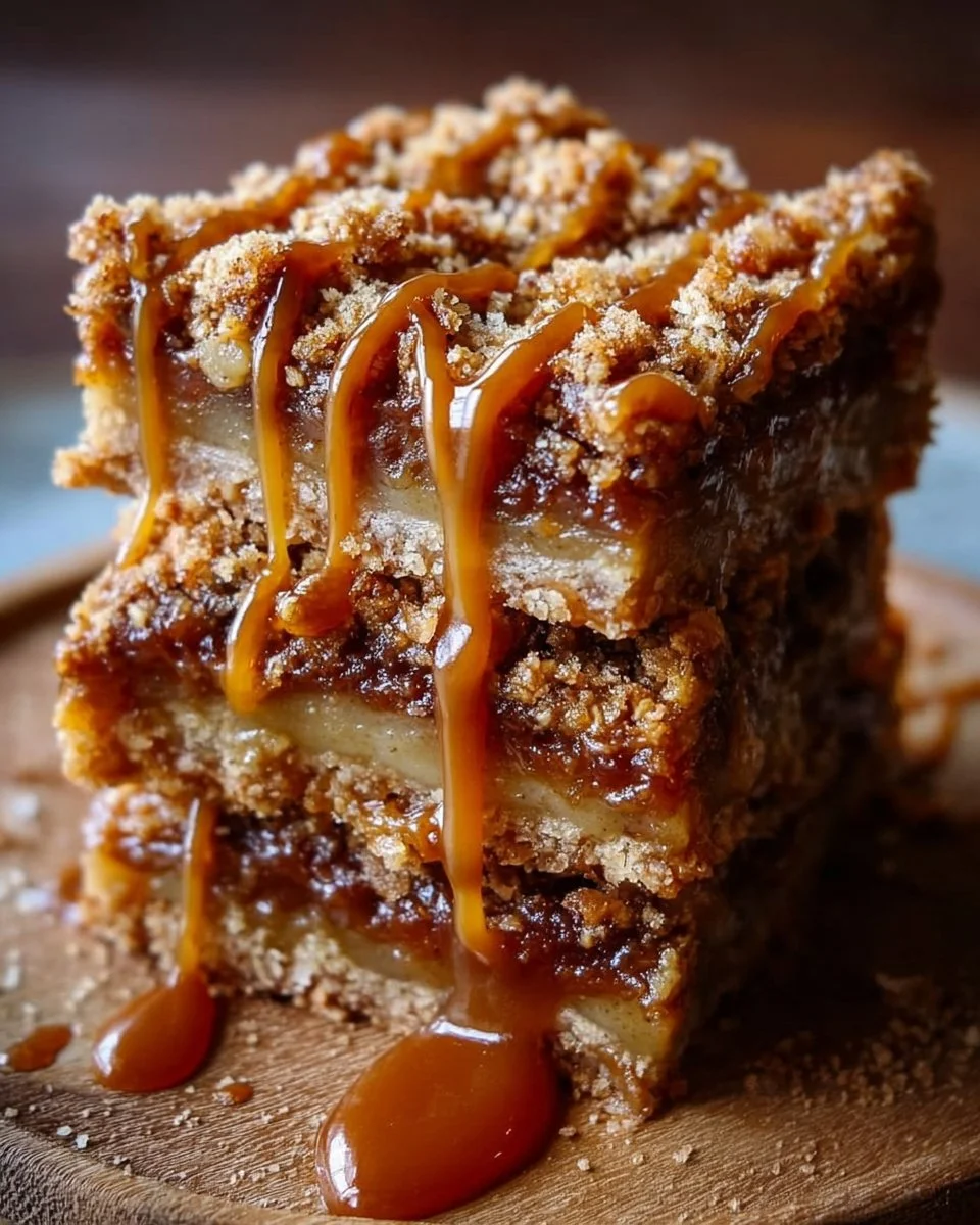 Salted caramel apple crumble bars freshly baked and served in a rustic pan