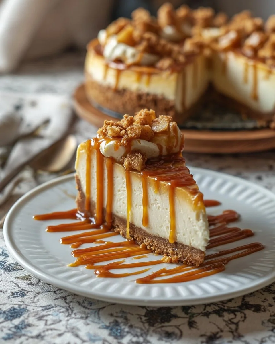 Slice of salted caramel apple pie cheesecake topped with cream and caramel sauce