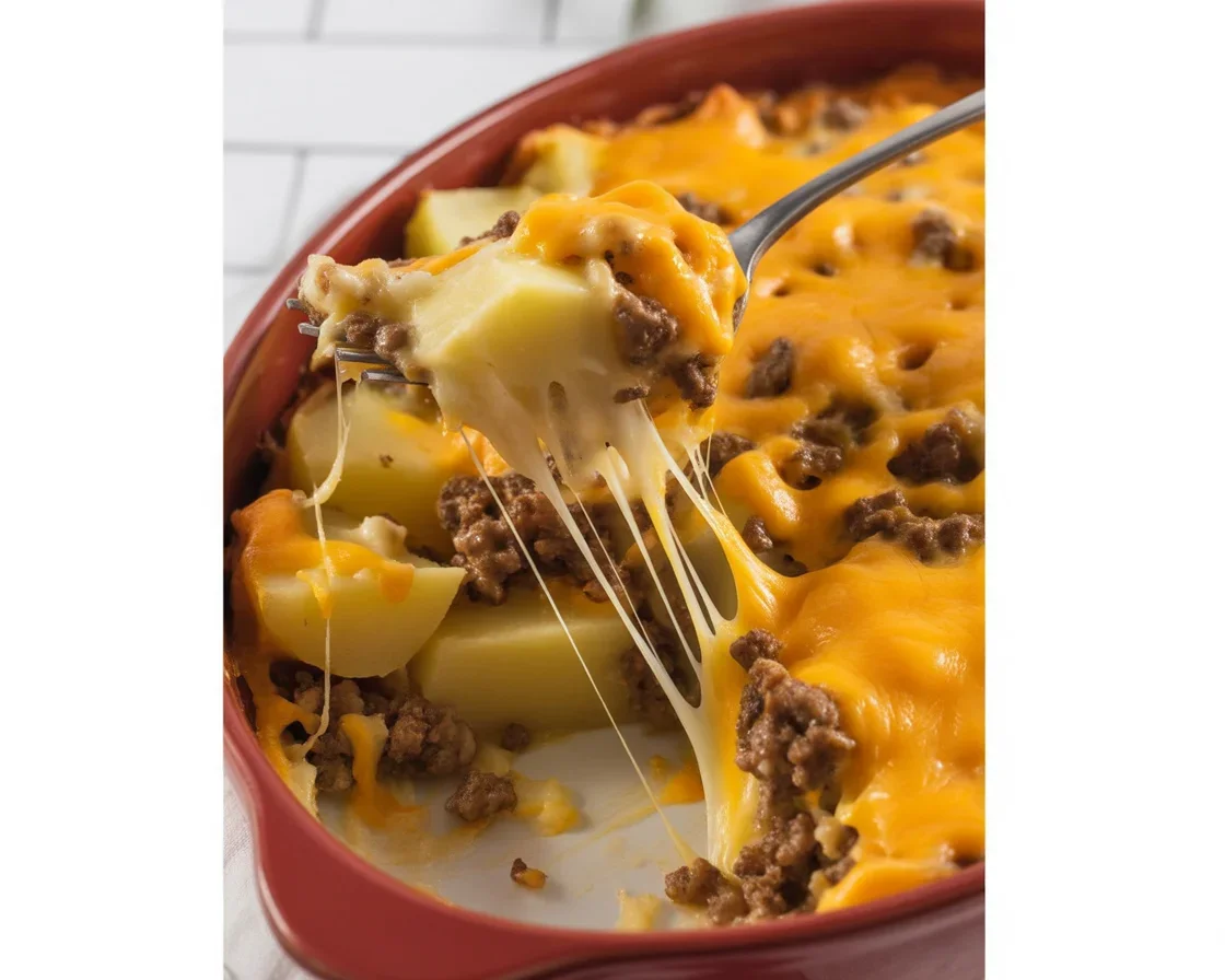 Delicious Ground Beef Potato Casserole topped with melted cheese and seasoned potatoes.