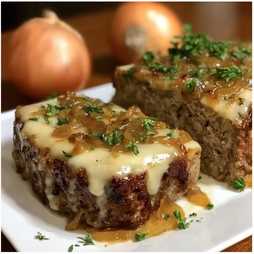 Savory French Onion Meatloaf topped with melted cheese and caramelized onions