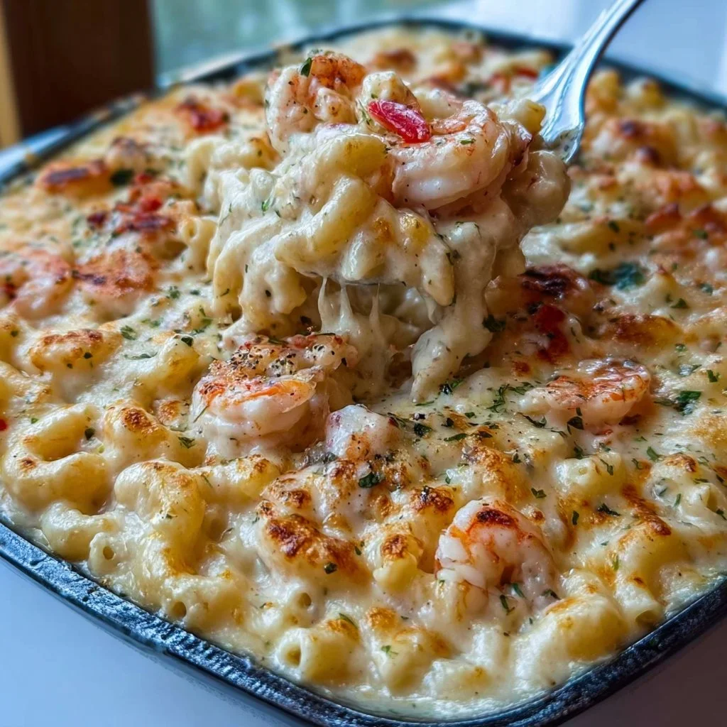 Delicious Seafood Mac and Cheese served in a bowl with shrimp and cheese