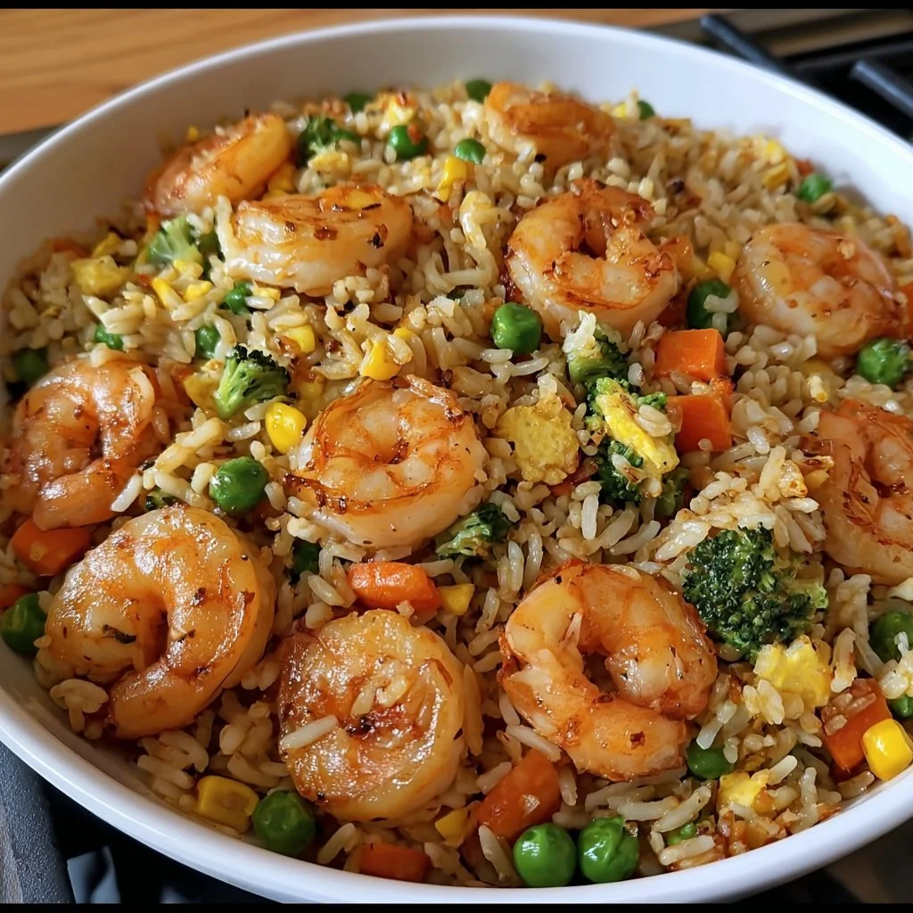 Delicious shrimp fried rice with colorful vegetables and seasonings