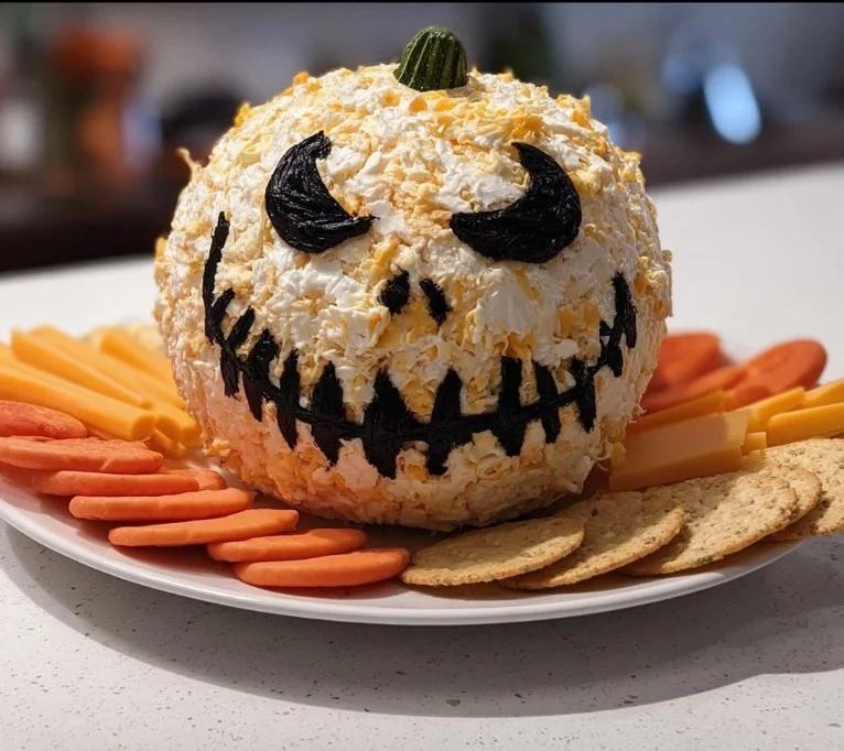 Skellington cheese ball appetizer made for Halloween celebrations