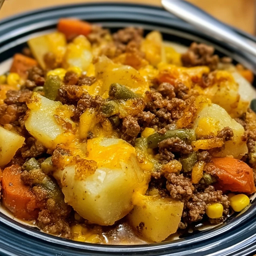 Delicious Slow Cooker Amish Harvest Casserole served in a rustic dish