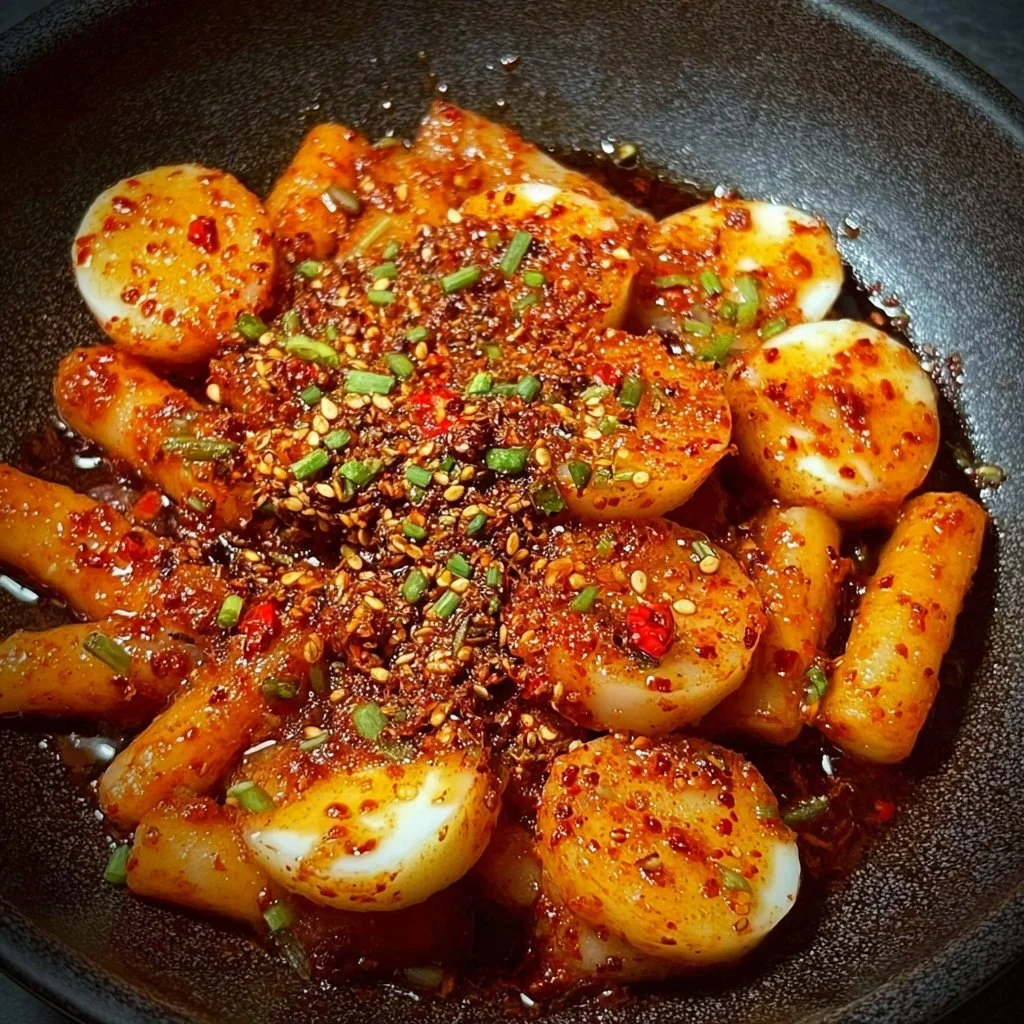 Delicious spicy rice cakes garnished and ready to enjoy