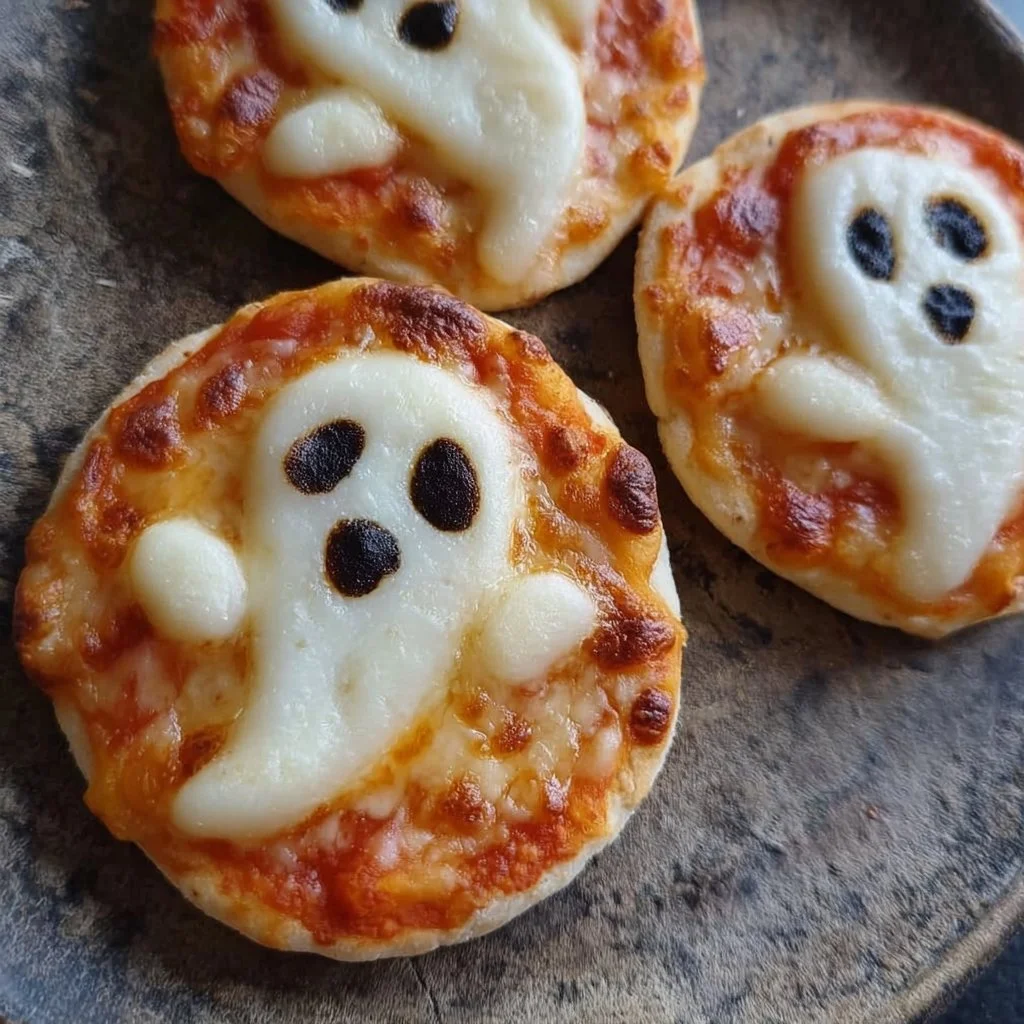 Mini ghost pizzas decorated for Halloween with cheese and olive toppings