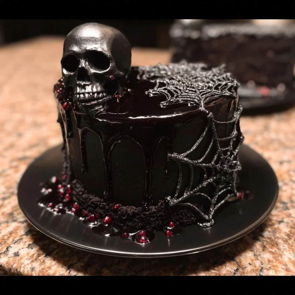 Spooky Black Velvet Halloween Cake decorated with festive Halloween themes