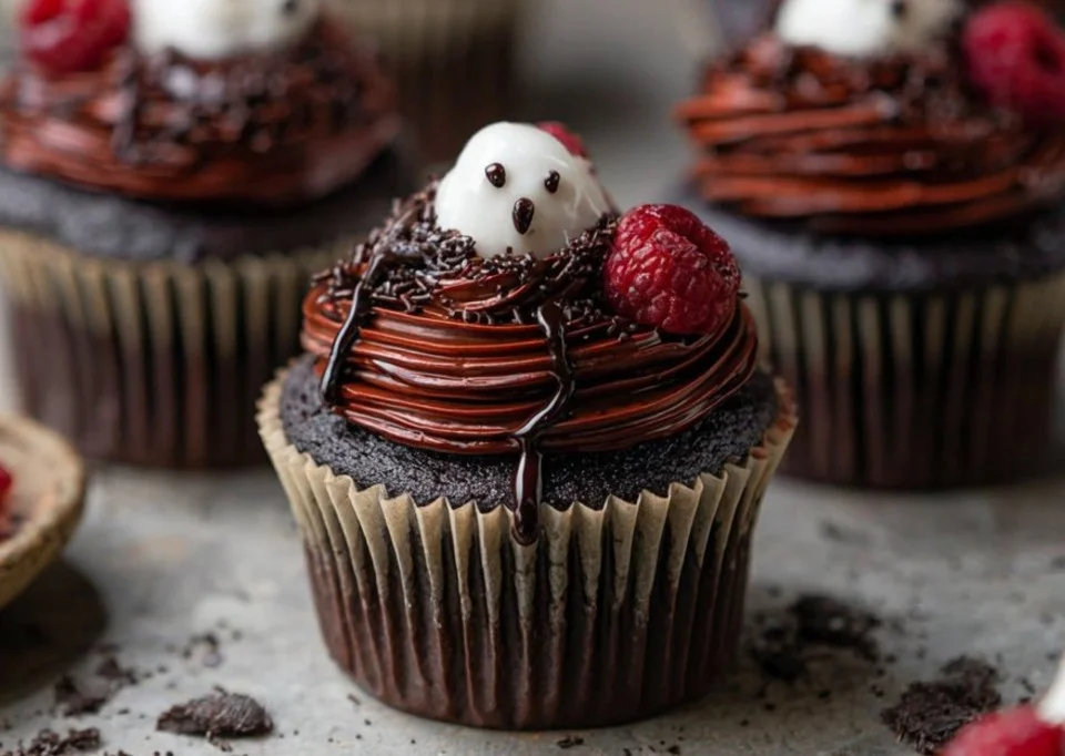Spooky raspberry chocolate cupcakes topped with dark chocolate frosting