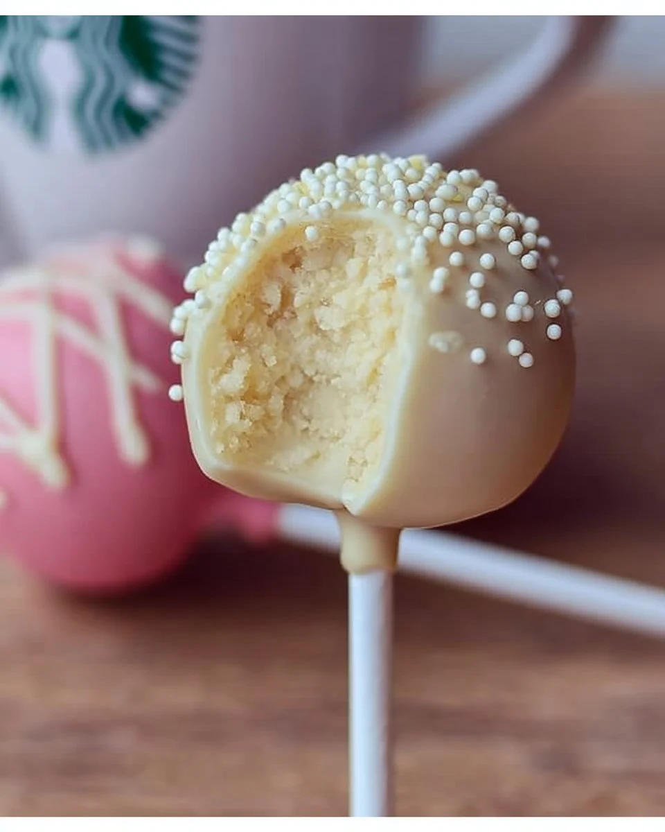 Starbucks cake pops with colorful coatings and sprinkles on a display platter