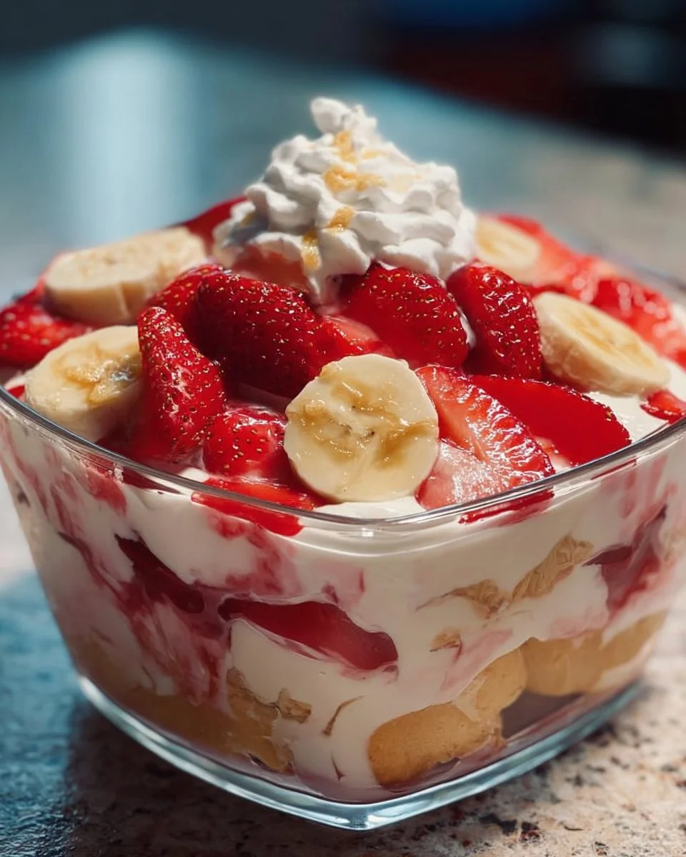 Delicious Strawberry Banana Pudding served in a glass with fresh fruit on top.